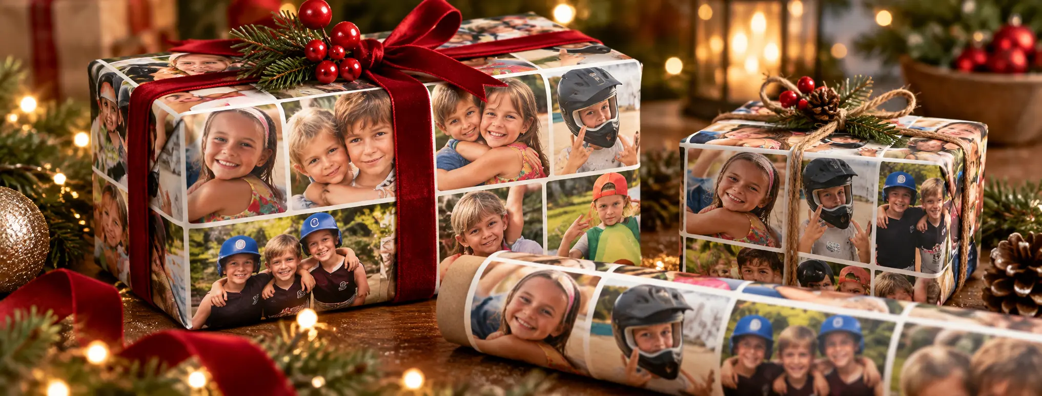 Gift boxes wrapped in custom photo wrapping paper, with a roll of the same paper